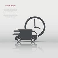 Vector delivery truck 24h icon in flat style. 24 hours fast delivery service shipping sign illustration pictogram. Car van business concept.