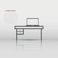 Vector furniture table with laptop computer icon in flat style. Table sign illustration pictogram. Furniture business concept.