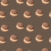 Seamless pattern with chocolate cute cartoon macaroons on a brown background. Bright seamless pattern with sweets for confectioner or postcard. Sweet background for candy store vector