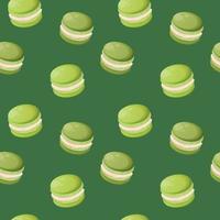 Seamless pattern with eco green cute cartoon macaroons on a green background. Bright seamless pattern with sweets for confectioner or postcard. Sweet background for candy store vector