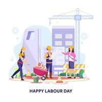 Happy Labour day On 1 May vector illustration. Construction workers are working on building.