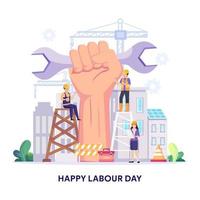 contento labor día en 1 mayo vector ilustración. construcción trabajadores son trabajando en edificio.