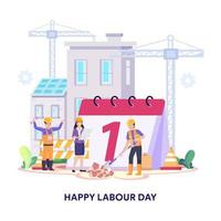 Happy Labour day On 1 May vector illustration. Construction workers are working on building.