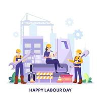 Happy Labour day On 1 May vector illustration. Construction workers are working on building.