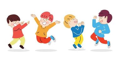 Set cute little kids jumping happy celebrating pose expression. Cartoon hand drawn character vector isolated on white background.