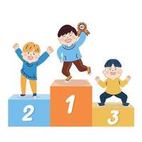 Happy cute kids standing on competition winner podium.Cartoon hand drawn character vector isolated on white background.