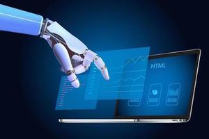 Artificial intelligence technologies . Robot hand using external screen interface, innovation, analytics, programming, software vector