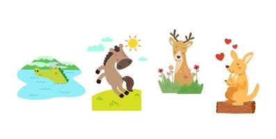 conjunto de linda animal personaje con cocodrilo, caballo, ciervo y canguro, colorante página. vector