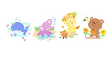 Set of cute animal character with whale, elephant, rabbit and bear, coloring page. vector