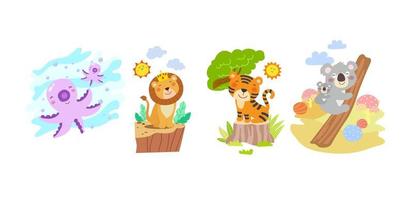 Set of cute animal character with squid, lion, tiger and koala bear, coloring page. vector