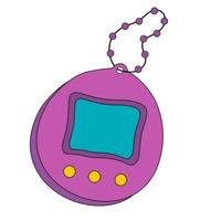 Japanese toy vector illustration. Vintage digital pocket game icon and sticker. Retro purple Toy 90 with screen display, chain and buttons. Nostalgia from era 90s.