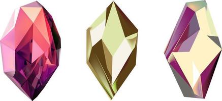 A collection of images of diamonds of various geometric shapes, colors and sizes.Glass shiny crystals with different shades reflecting light.Vector realistic set of glow gemstone or colorful ice. vector