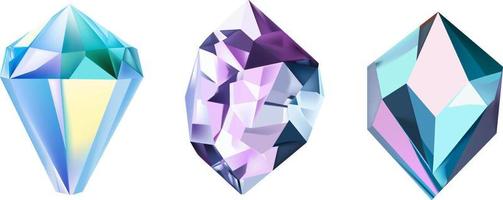 A collection of images of diamonds of various geometric shapes, colors and sizes.Glass shiny crystals with different shades reflecting light.Vector realistic set of glow gemstone or colorful ice. vector