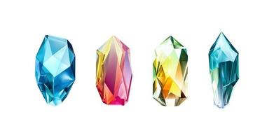 A collection of images of diamonds of various geometric shapes, colors and sizes.Glass shiny crystals with different shades reflecting light.Vector realistic set of glow gemstone or colorful ice. vector