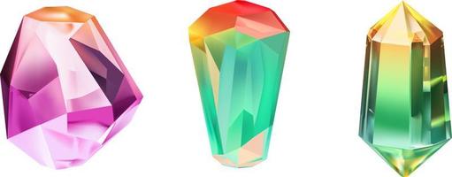 A collection of images of diamonds of various geometric shapes, colors and sizes.Glass shiny crystals with different shades reflecting light.Vector realistic set of glow gemstone or colorful ice. vector