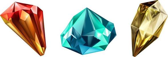 A collection of images of diamonds of various geometric shapes, colors and sizes.Glass shiny crystals with different shades reflecting light.Vector realistic set of glow gemstone or colorful ice. vector