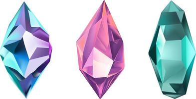 A collection of images of diamonds of various geometric shapes, colors and sizes.Glass shiny crystals with different shades reflecting light.Vector realistic set of glow gemstone or colorful ice. vector