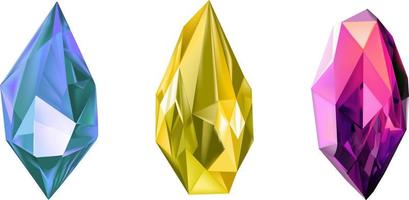 A collection of images of diamonds of various geometric shapes, colors and sizes.Glass shiny crystals with different shades reflecting light.Vector realistic set of glow gemstone or colorful ice. vector