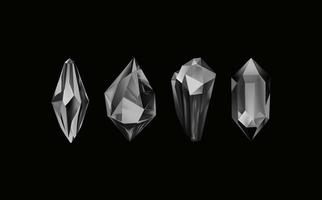 A collection of images of black  diamonds of various geometric shapes and sizes.Glass shiny crystals with different shades reflecting light.Vector realistic set of glow gemstone or colorful ice. vector