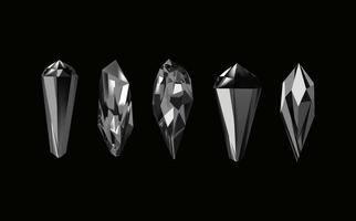 A collection of images of black  diamonds of various geometric shapes and sizes.Glass shiny crystals with different shades reflecting light.Vector realistic set of glow gemstone or colorful ice. vector