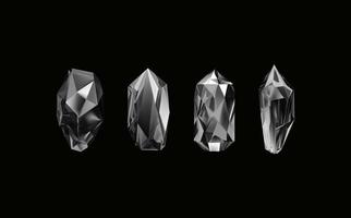 A collection of images of black  diamonds of various geometric shapes and sizes.Glass shiny crystals with different shades reflecting light.Vector realistic set of glow gemstone or colorful ice. vector