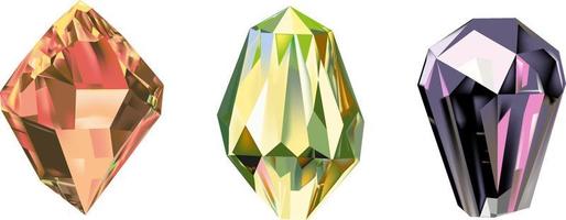 A collection of images of diamonds of various geometric shapes, colors and sizes.Glass shiny crystals with different shades reflecting light.Vector realistic set of glow gemstone or colorful ice. vector