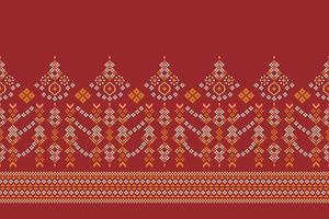 Ethnic geometric fabric pattern Cross Stitch.Ikat embroidery Ethnic oriental Pixel pattern crimson red background. Abstract,vector,illustration.For texture,clothing,wrapping,decoration,carpet. vector