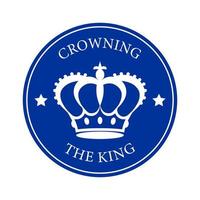 A white outline of the royal crown on a circular blue background, accompanied by the words Coronation of the King in modern script. Minimalist design. Vector illustration.