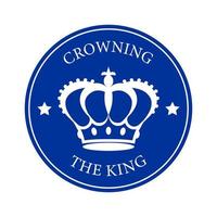 A white outline of the royal crown on a circular blue background, accompanied by the words Coronation of the King in modern script. Minimalist design. Vector illustration.