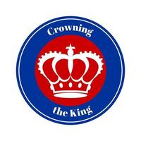 Royal crown on a round red and blue background with the words Coronation of the King in elegant letters. Badge, emblem, logo in honor of the coronation of the new King of England. Vector illustration.