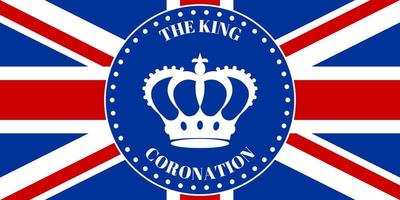 Badge with an outline of the crown on the background of the British flag. Background in honor of the coronation of the king. White, red, blue colors.Vector illustration. vector