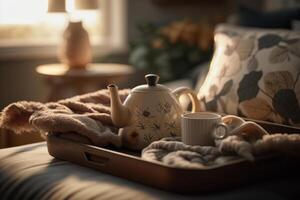 Cozy interior with cup of coffee. Illustration photo