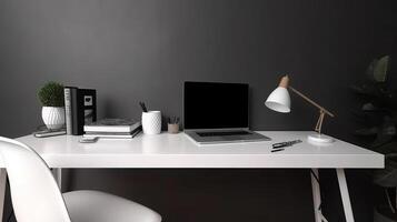 Workspace with laptop mockup. Illustration photo