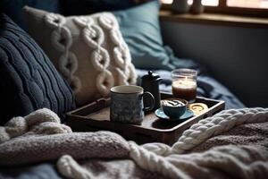 Cozy interior with cup of coffee. Illustration photo