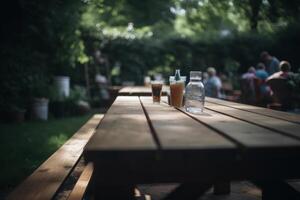 Wooden table in garden. Illustration photo