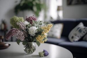 Interior design with flowers in vase. Illustration photo