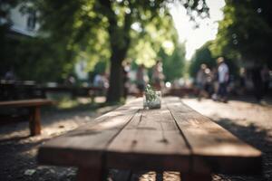 Wooden table in garden. Illustration photo