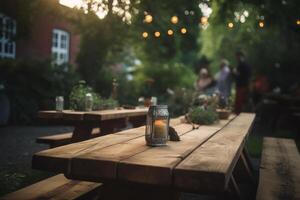 Wooden table in garden. Illustration photo