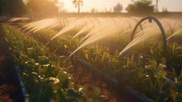 irrigación sistema en funcional riego de agrícola plantas ilustración ai generativo foto