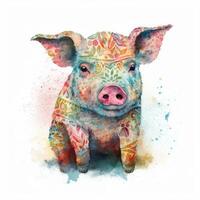 Cute watercolor baby pig. Illustration AI Generative photo