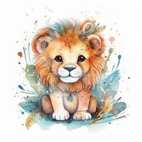 Cute watercolor baby lion. Illustration photo