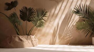 Minimal stone background with palm leaves. Illustration photo