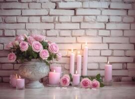 Pink flowers with candles. Illustration photo