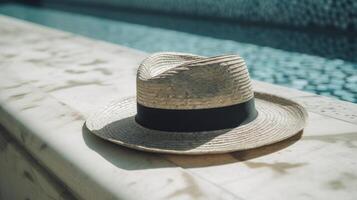 Summer hat and pool. Illustration photo