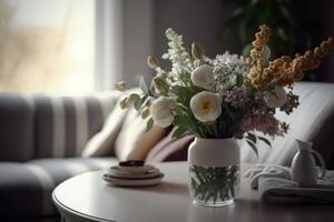 Interior design with flowers in vase. Illustration photo