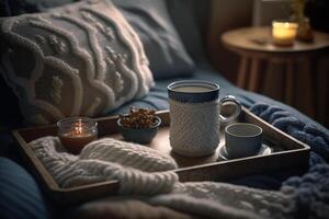 Cozy interior with cup of coffee. Illustration photo