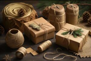 Christmas and New Year gift boxes and decorations, eco friendly trendy zero waste packaging. Neural network photo