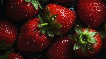 Red ripe strawberries background. Close up, top view.. Created with photo