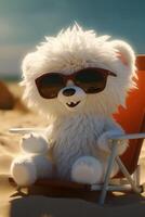 Polar bear sunbathing on the beach in black glasses.. Created with photo