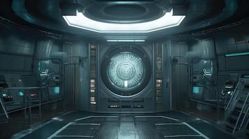 Grunge Spaceship interior with black background 3D rendering.. Created with photo